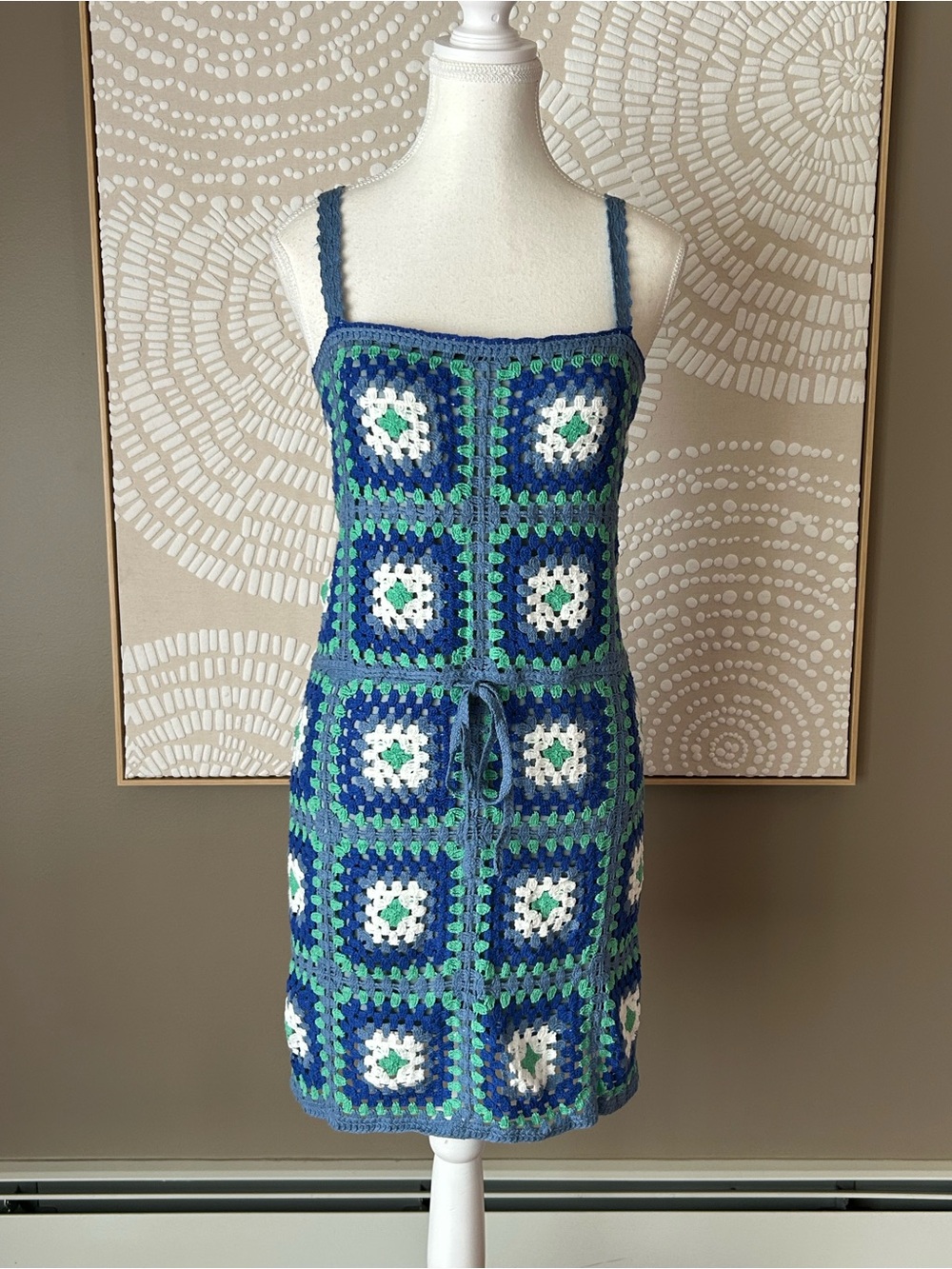 Lulu's Trendsetting Charm Blue Crochet Lace up Mini Dress Size M/L